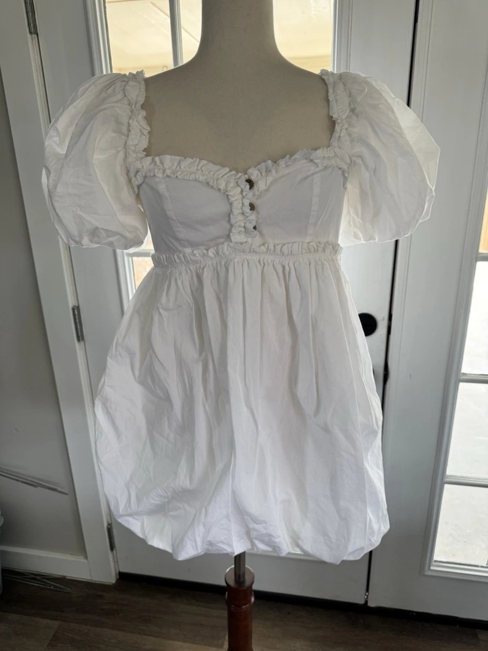 Free People Rendezvous Me Ivory Dress Mini Bubble Smocked Puff Sleeves- L - Picture 4 of 16